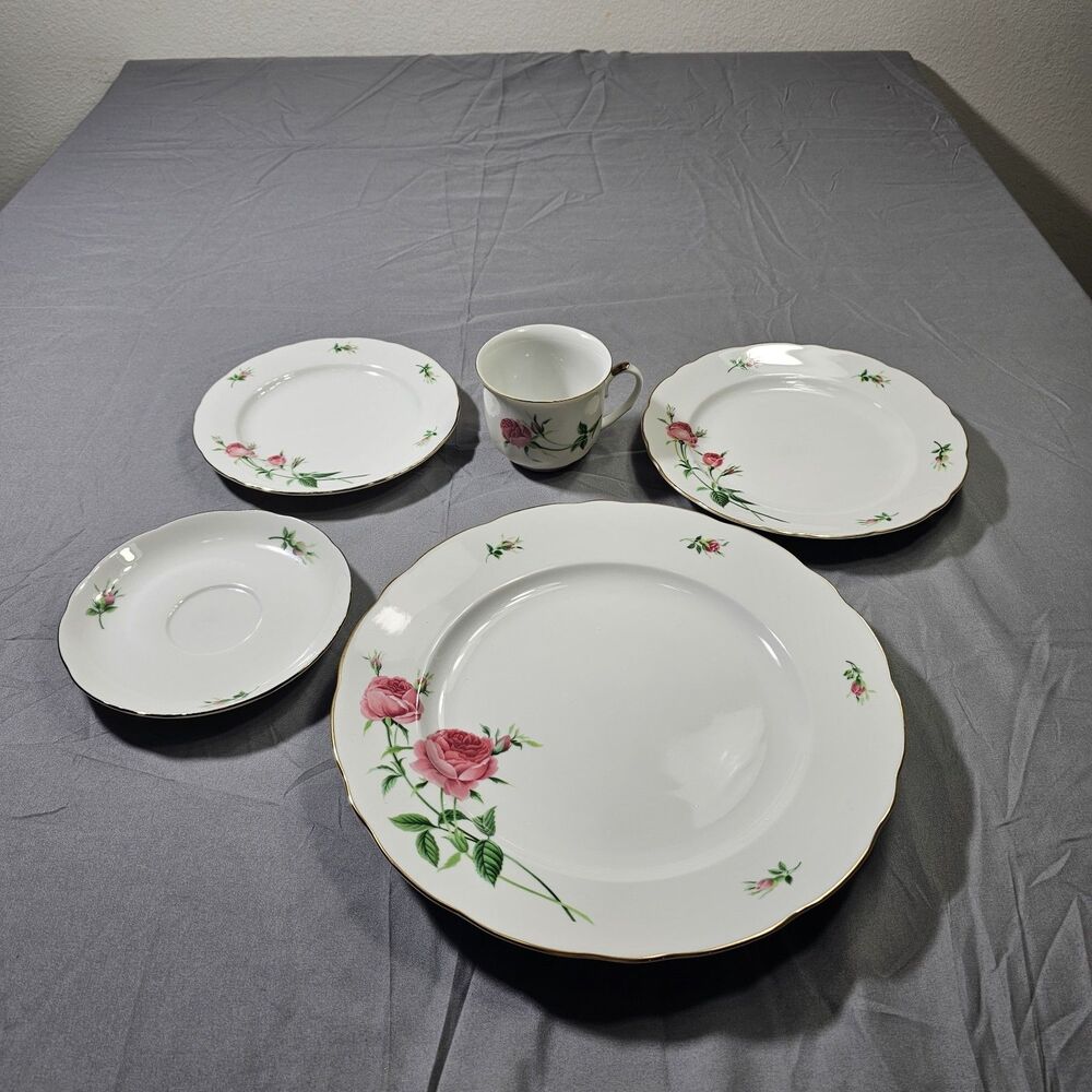 Vintage Christineholm Porcelain Rose 5 PC Setting Plate Set